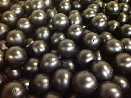 Another order of hollow plastic shade balls ready for packaging and shipping to customer from XavierC LLC manufacturing facility.